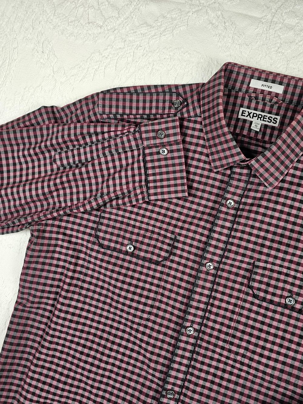 Express Fitted Buffalo Check Utility Button Up Shirt XL Red Black Cotton